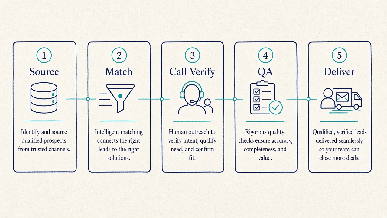 B2B lead fulfillment process: Source, Match, Call Verify, QA, Deliver