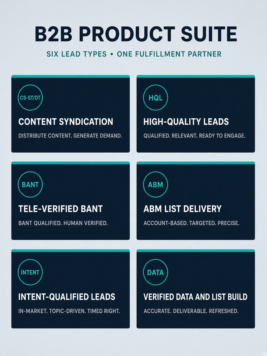 B2B product suite: Content syndication, HQL, BANT, ABM, Intent, and Verified Data, six lead types, one fulfillment partner