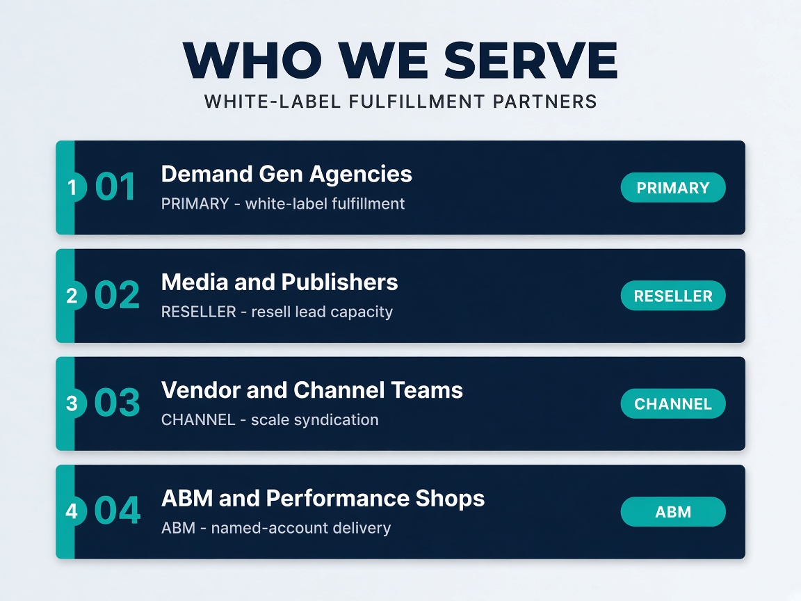 Who we serve: demand gen agencies, media publishers, vendor channel teams, and ABM performance shops