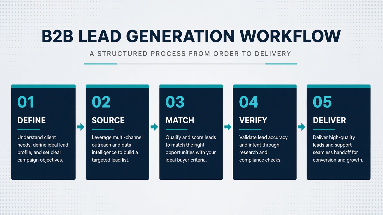 B2B lead generation workflow: Define, Source, Match, Verify, and Deliver, a structured process from order to delivery